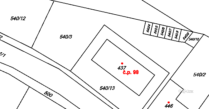 Rožďalovice 98 na parcele st. 437 v KÚ Rožďalovice, Katastrální mapa