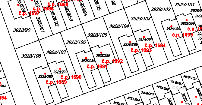 Úvaly 1692 na parcele st. 3928/295 v KÚ Úvaly u Prahy, Katastrální mapa