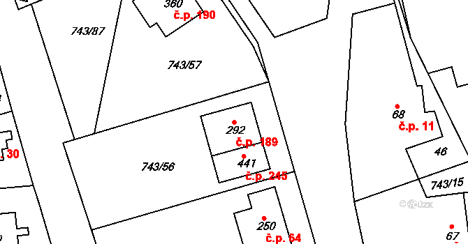 Škrdlovice 189 na parcele st. 292 v KÚ Škrdlovice, Katastrální mapa
