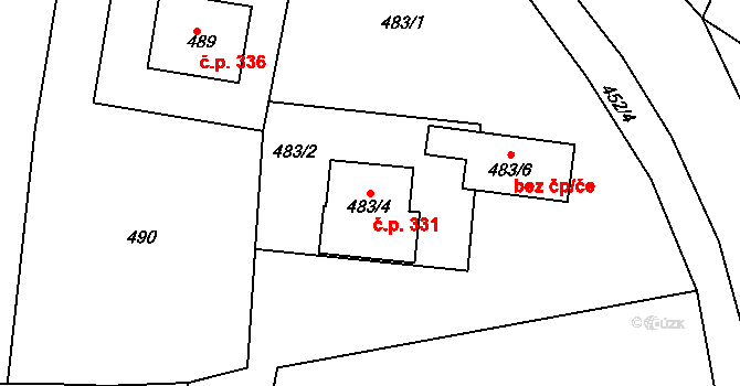 Zádveřice 331, Zádveřice-Raková na parcele st. 483/4 v KÚ Zádveřice, Katastrální mapa