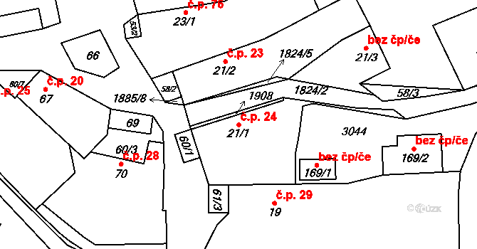 Lutonina 24 na parcele st. 21/1 v KÚ Lutonina, Katastrální mapa