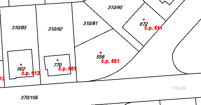 Prštné 551, Zlín na parcele st. 556 v KÚ Prštné, Katastrální mapa