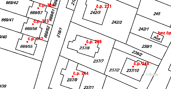 Chlebičov 239 na parcele st. 237/8 v KÚ Chlebičov, Katastrální mapa