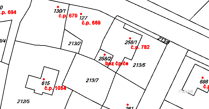 Rudná 49661973 na parcele st. 258/2 v KÚ Hořelice, Katastrální mapa