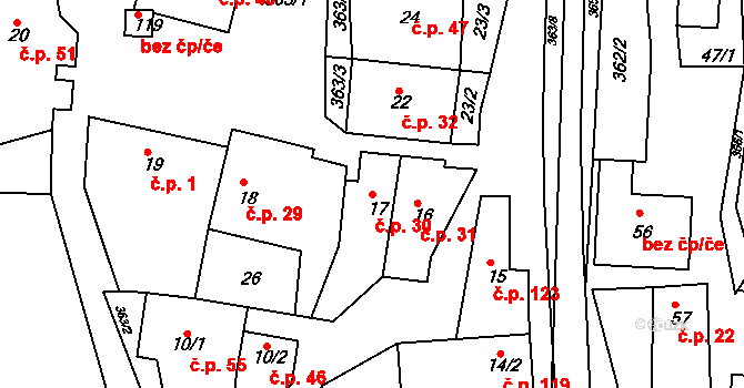 Hroubovice 30 na parcele st. 17 v KÚ Hroubovice, Katastrální mapa