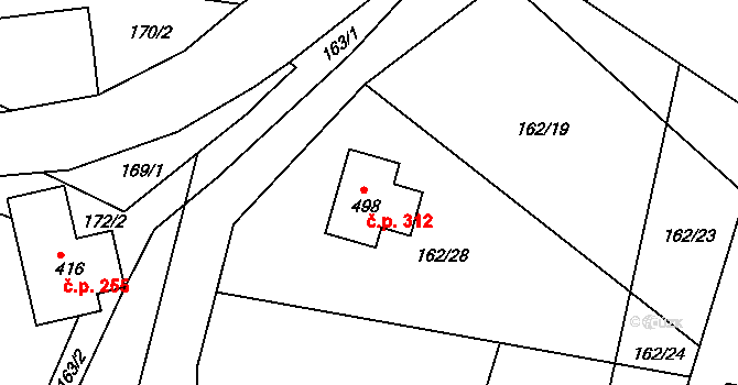 Jenišovice 312 na parcele st. 498 v KÚ Jenišovice u Jablonce nad Nisou, Katastrální mapa