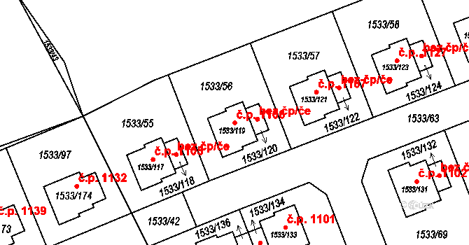 Řeporyje 1106, Praha na parcele st. 1533/119 v KÚ Řeporyje, Katastrální mapa