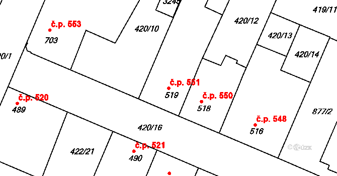 Milevsko 551 na parcele st. 519 v KÚ Milevsko, Katastrální mapa