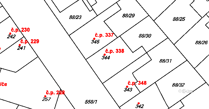 Mikovice 338, Kralupy nad Vltavou na parcele st. 344 v KÚ Mikovice u Kralup nad Vltavou, Katastrální mapa