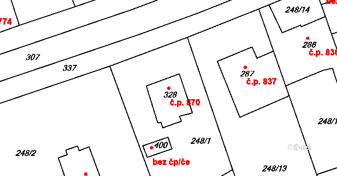 Rudná 870 na parcele st. 328 v KÚ Hořelice, Katastrální mapa