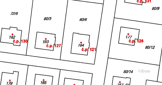 Tuchoměřice 121 na parcele st. 164 v KÚ Tuchoměřice, Katastrální mapa
