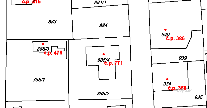 Líně 771 na parcele st. 885/4 v KÚ Líně, Katastrální mapa
