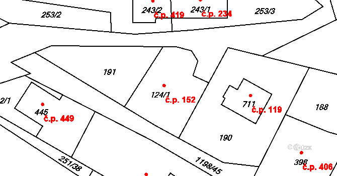 Mořkov 152 na parcele st. 124/1 v KÚ Mořkov, Katastrální mapa