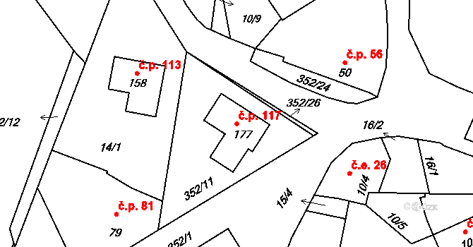 Nebřeziny 117, Plasy na parcele st. 177 v KÚ Nebřeziny, Katastrální mapa