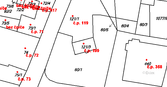 Lhenice 199 na parcele st. 121/3 v KÚ Lhenice, Katastrální mapa