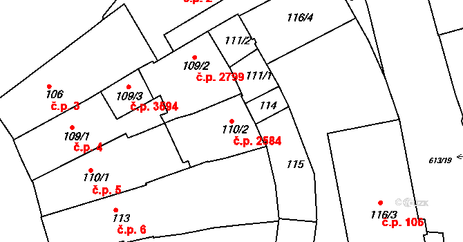 Mělník 2584 na parcele st. 110/2 v KÚ Mělník, Katastrální mapa