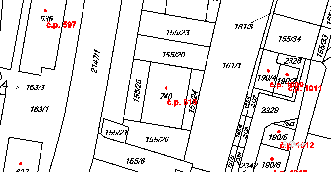 Lišov 616 na parcele st. 740 v KÚ Lišov, Katastrální mapa