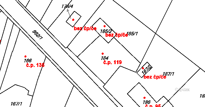 Srubec 119 na parcele st. 184 v KÚ Srubec, Katastrální mapa