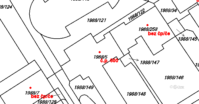 Mníšek pod Brdy 600 na parcele st. 1988/5 v KÚ Mníšek pod Brdy, Katastrální mapa