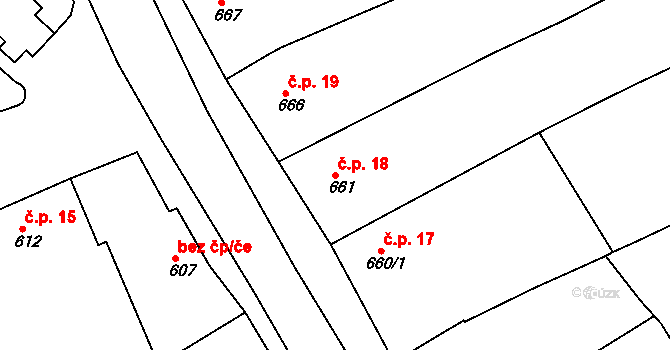 Šardice 18 na parcele st. 661 v KÚ Šardice, Katastrální mapa