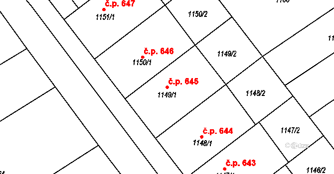 Šardice 645 na parcele st. 1149/1 v KÚ Šardice, Katastrální mapa