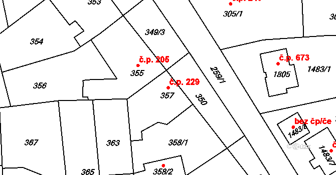 Hřebeč 229 na parcele st. 357 v KÚ Hřebeč, Katastrální mapa