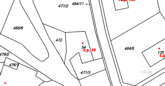 Okrouhlá Radouň 19 na parcele st. 54 v KÚ Okrouhlá Radouň, Katastrální mapa