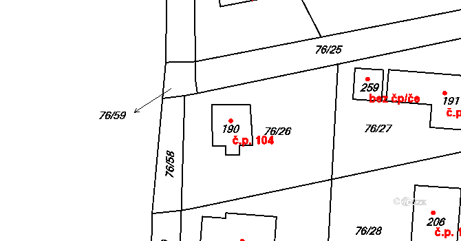 Vysoká u Příbramě 104 na parcele st. 190 v KÚ Vysoká u Příbramě, Katastrální mapa