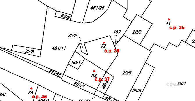 Třeboutice 36, Křešice na parcele st. 32 v KÚ Třeboutice, Katastrální mapa