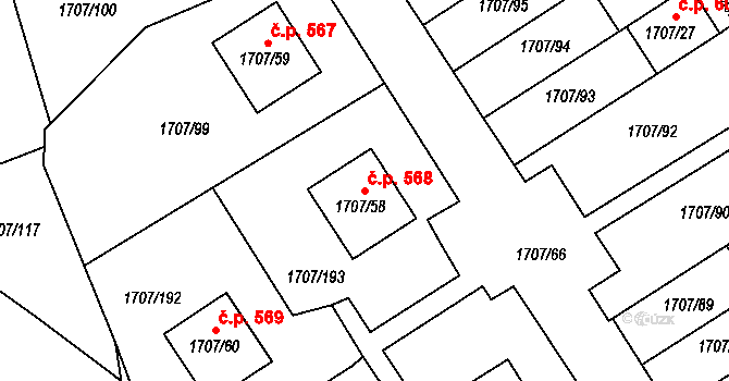 Miřetice u Klášterce nad Ohří 568, Klášterec nad Ohří na parcele st. 1707/58 v KÚ Miřetice u Klášterce nad Ohří, Katastrální mapa