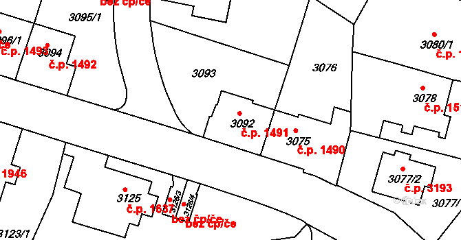 Teplice 1491 na parcele st. 3092 v KÚ Teplice, Katastrální mapa
