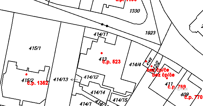 Braník 523, Praha na parcele st. 413 v KÚ Braník, Katastrální mapa