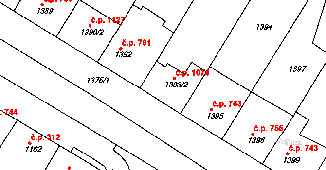 Mutěnice 1074 na parcele st. 1393/2 v KÚ Mutěnice, Katastrální mapa