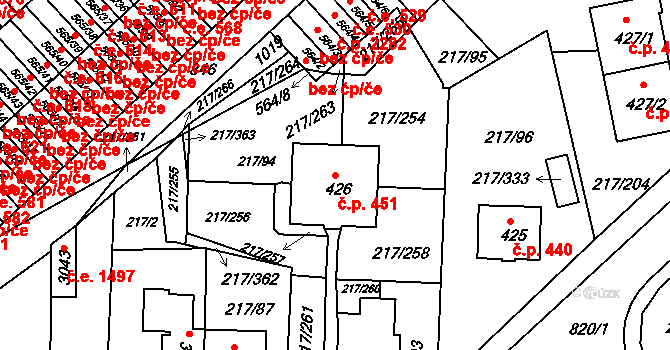 Sezimovo Ústí 451 na parcele st. 426 v KÚ Sezimovo Ústí, Katastrální mapa