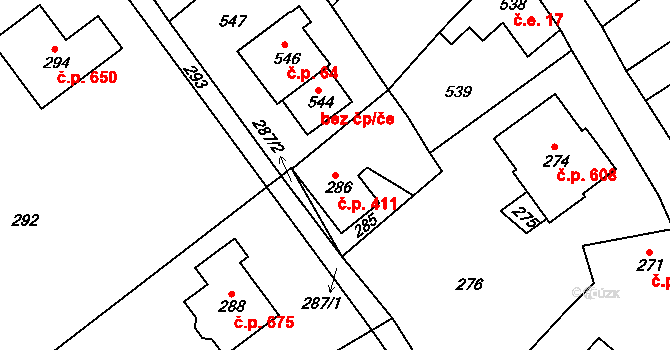 Hodkovice nad Mohelkou 411 na parcele st. 286 v KÚ Hodkovice nad Mohelkou, Katastrální mapa