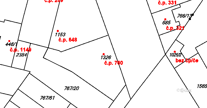 Pražské Předměstí 760, Hradec Králové na parcele st. 1326 v KÚ Pražské Předměstí, Katastrální mapa