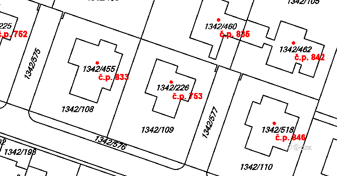 Jinonice 753, Praha na parcele st. 1342/226 v KÚ Jinonice, Katastrální mapa