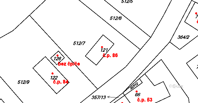 Koněprusy 86 na parcele st. 121 v KÚ Koněprusy, Katastrální mapa