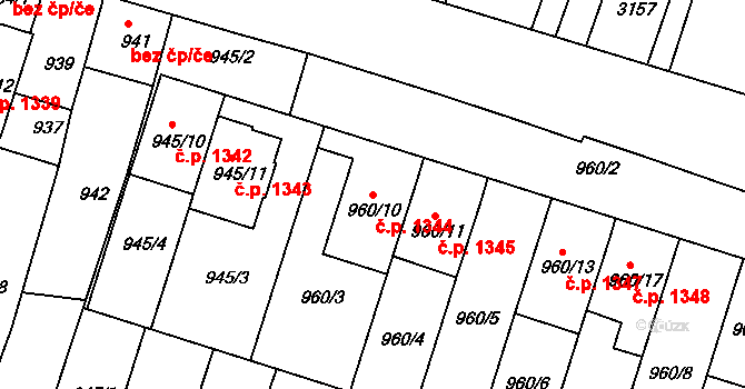 Hluk 1344 na parcele st. 960/10 v KÚ Hluk, Katastrální mapa