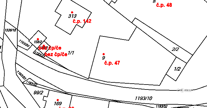 České Heřmanice 47 na parcele st. 9/1 v KÚ České Heřmanice, Katastrální mapa