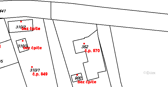 Rudná 570 na parcele st. 352 v KÚ Hořelice, Katastrální mapa
