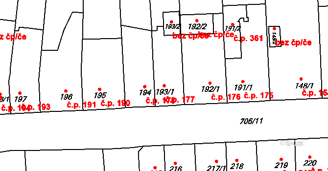 Svítkov 177, Pardubice na parcele st. 193/1 v KÚ Svítkov, Katastrální mapa