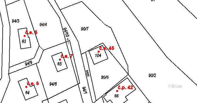 Pivonín 45, Zábřeh na parcele st. 104 v KÚ Pivonín, Katastrální mapa