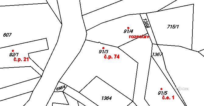 Nedvězí 74, Kounov na parcele st. 91/3 v KÚ Nedvězí u Dobrušky, Katastrální mapa