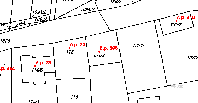 Určice 280 na parcele st. 121/3 v KÚ Určice, Katastrální mapa