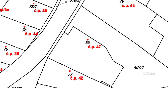 Jizbice 47 na parcele st. 80 v KÚ Jizbice u Nymburka, Katastrální mapa