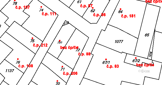Rožďalovice 88 na parcele st. 72 v KÚ Rožďalovice, Katastrální mapa
