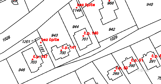 Měchenice 140 na parcele st. 701 v KÚ Měchenice, Katastrální mapa