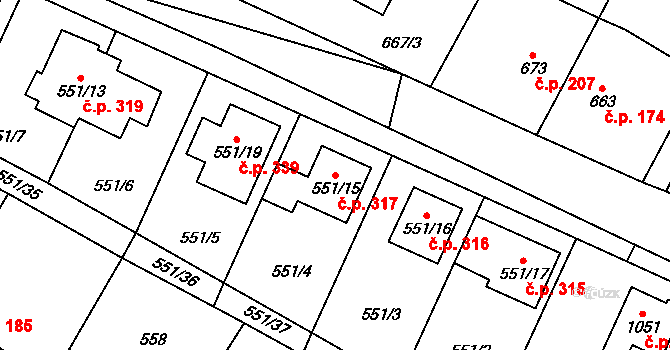 Tetčice 317 na parcele st. 551/15 v KÚ Tetčice, Katastrální mapa