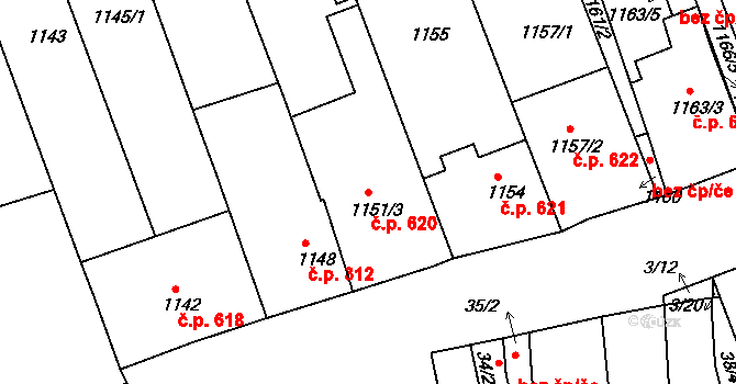 Prušánky 620 na parcele st. 1151/3 v KÚ Prušánky, Katastrální mapa